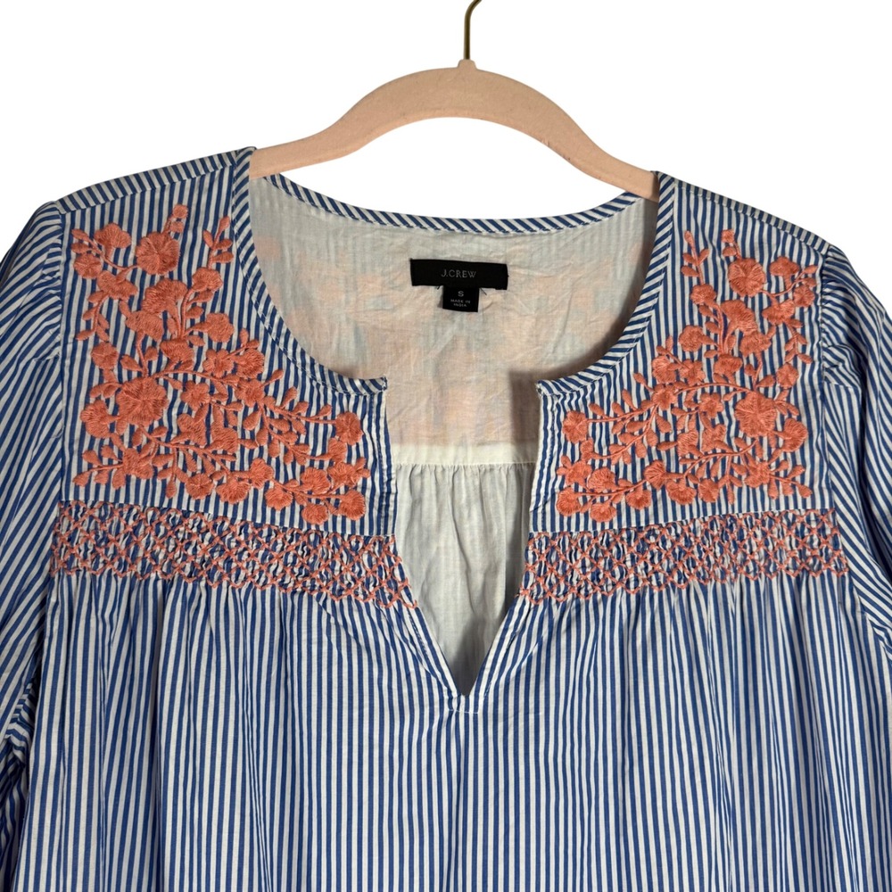 J.Crew Leda Blue White Striped Embroidered Ruffle Hem Tunic Dress  Women's Small - Picture 12 of 13